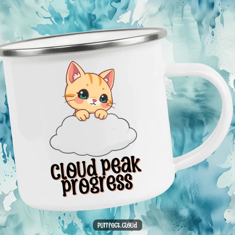 Funny curious cat peeking over a cloud, rugged camping mug, ideal funny gift for nature lovers.