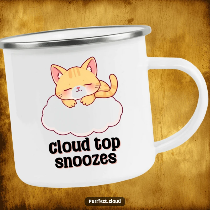 Funny napping cat cloud camping mug with a content cat sleeping on a cloud, perfect for outdoor relaxation and cat fans.