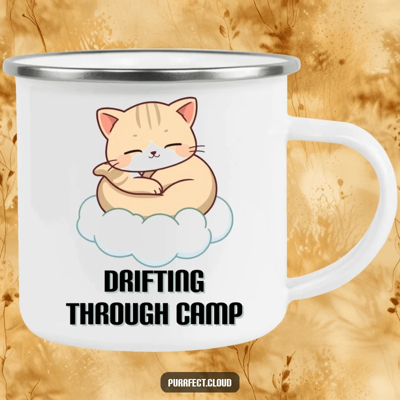 Funny camping mug featuring a cat peacefully curled up, gently carried by a floating cloud, perfect for enjoying serene moments outdoors with durability.