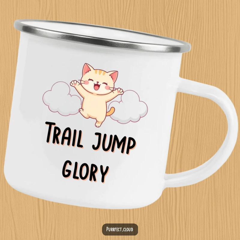 Funny Cat Cloud Camping Mug, a cat leaps between clouds, energetic and joyful, durable enamelware.
