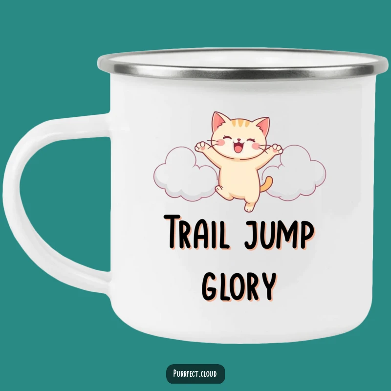 Funny Cat Cloud Camping Mug: Joyful Leaping Feline, Outdoor Fun Gift