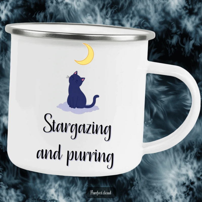 Funny cat silhouette camping mug with a cat on a cloud looking up at a crescent moon, perfect for adventurous and magical outdoor drinks.