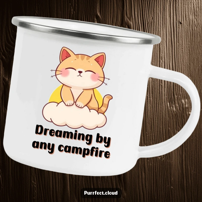 Funny cat camping mug, serene cat dreaming on a sunset cloud, durable enamel cup for adventures.