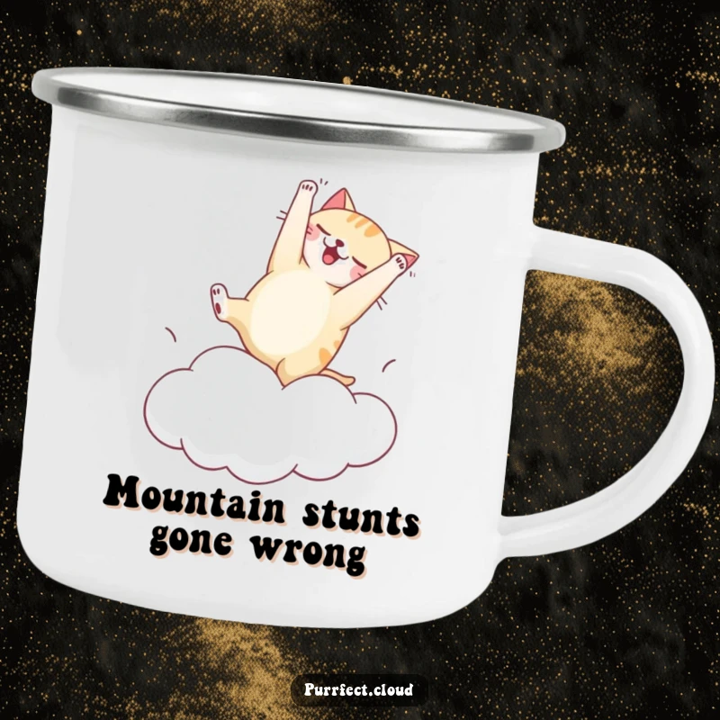 Funny camping mug featuring a cat hilariously attempting a clumsy somersault on a bouncy cloud, perfect for outdoor fun and humor.