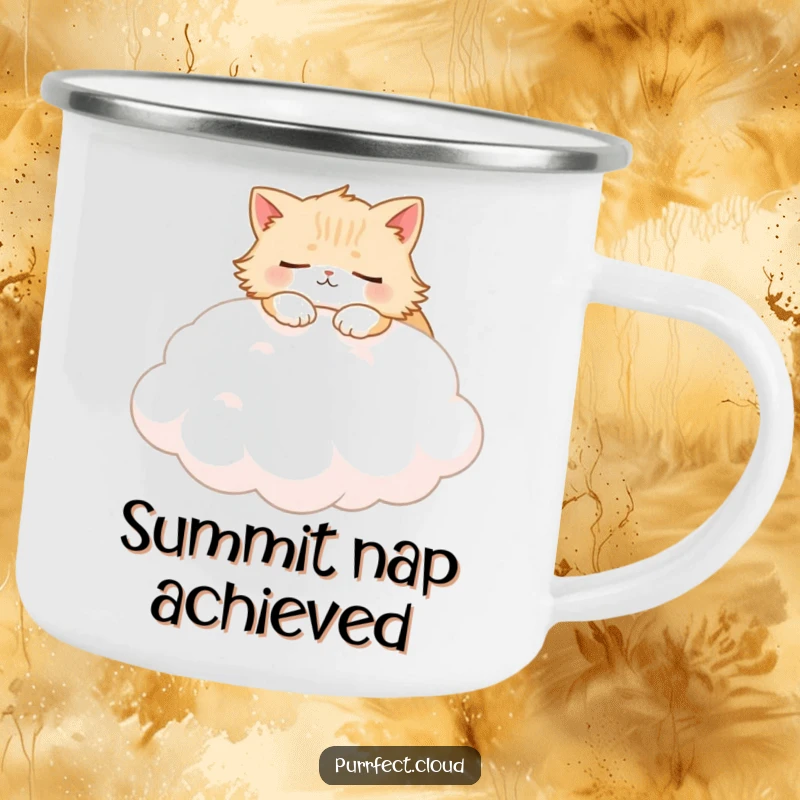 Funny Fluffy Cat Camping Mug illustrating a cat sleeping on a soft cloud, perfect for outdoor humor.