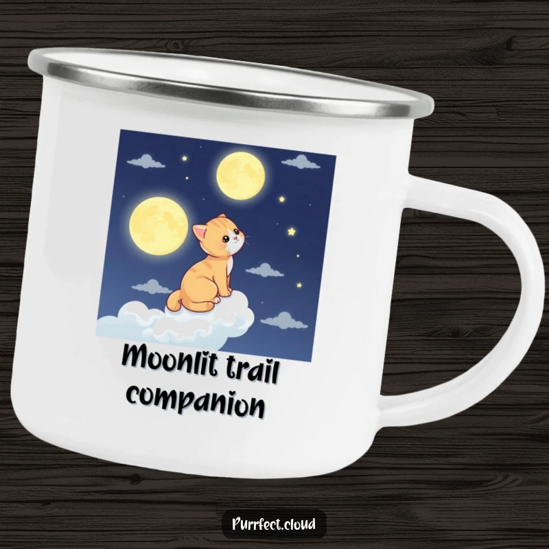Funny cat camping mug, a cat gazes at the moon from a cloud, durable and whimsical cup.