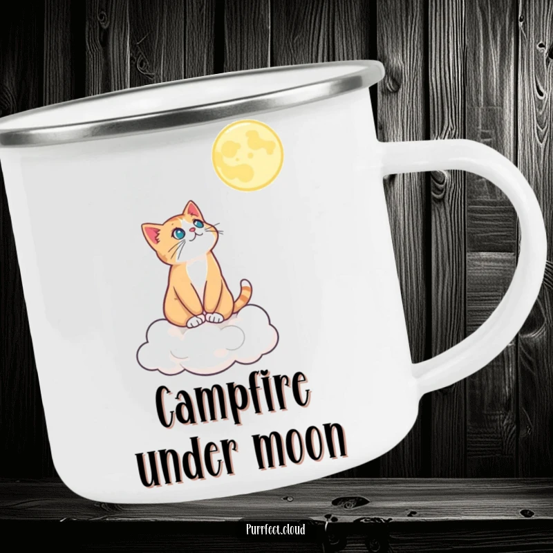Funny camping mug with a cat on a cloud gazing at the moon, ideal for enjoying beverages during outdoor nighttime adventures.