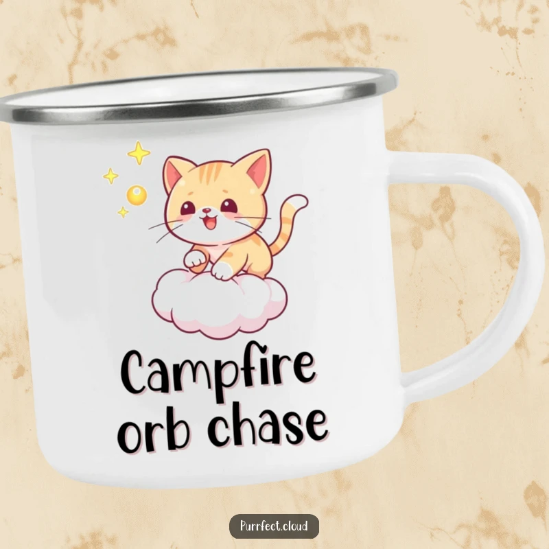 Funny cat camping mug showing a playful cat chasing a glowing orb on a cloud, durable and magically humorous for outdoors.