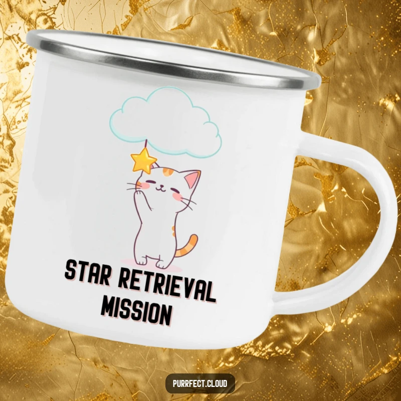 Funny Playful Cat Camping Mug illustrating a cat batting at a star from a cloud, perfect for outdoor fun.