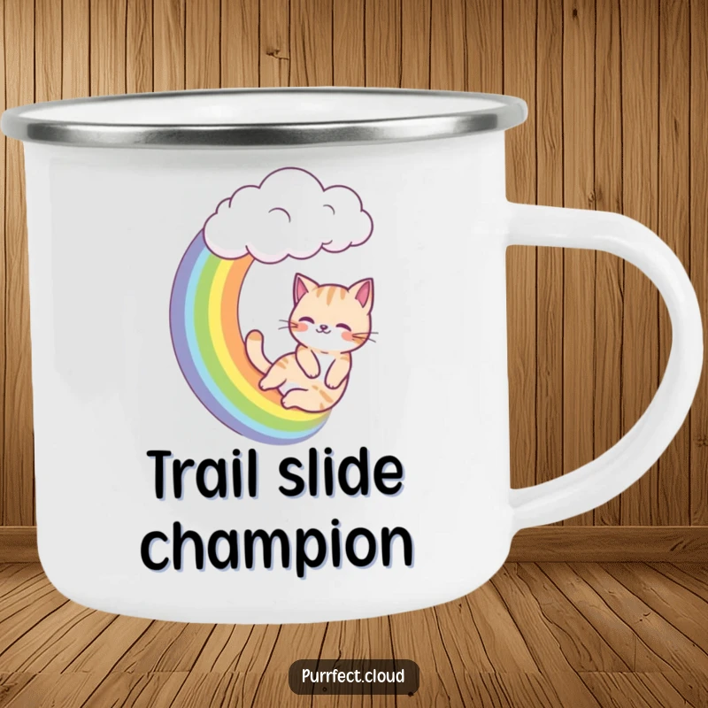 Funny cat camping mug, a cat slides down a rainbow from a cloud, durable and whimsical cup.