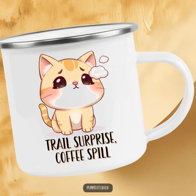 Funny cat camping mug showing a surprised cat being tickled by a cloud, durable and humorous for outdoor activities.