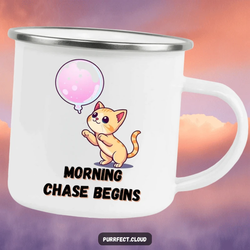 Funny camping mug featuring a cat ready to pounce on a dream bubble, perfect for enjoying drinks during adventurous outdoor activities.