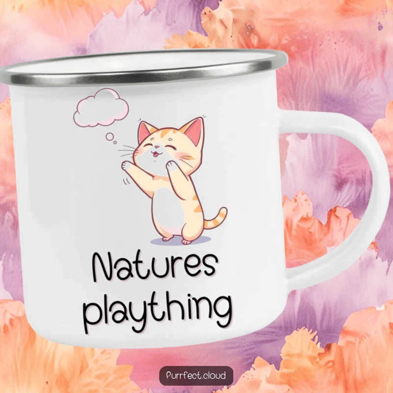 Funny cat camping mug showing a playful cat reaching out to bat a small, wispy cloud.
