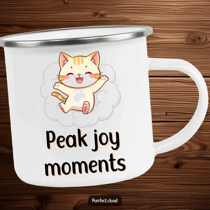 Funny jumping cat cloud camping mug, depicting a playful cat leaping through clouds, ideal for hot beverages during outdoor adventures, a humorous gift.