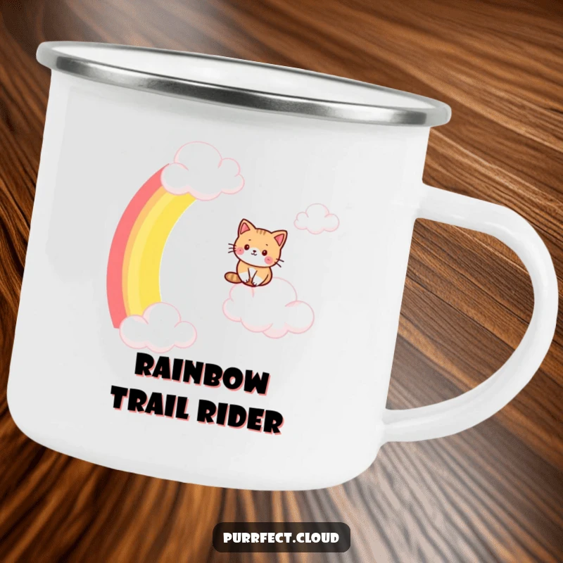 Funny cat camping mug, a sturdy mug with a cat sliding on a rainbow, perfect for enjoying drinks during outdoor adventures.