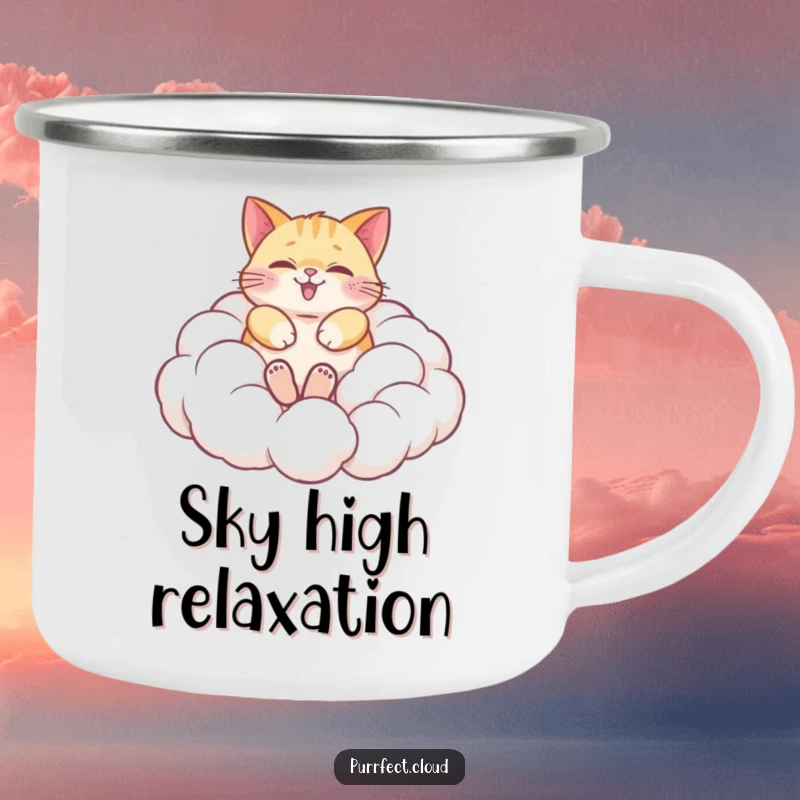 Funny camping mug featuring a happy cat rolling joyfully in soft, fluffy clouds, perfect for enjoying dreamy moments outdoors with sturdy flair.