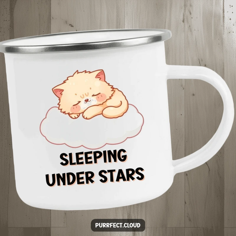 Funny cat camping mug with a sleeping cat on a cloud, serene outdoor companion, a charming funny gift.