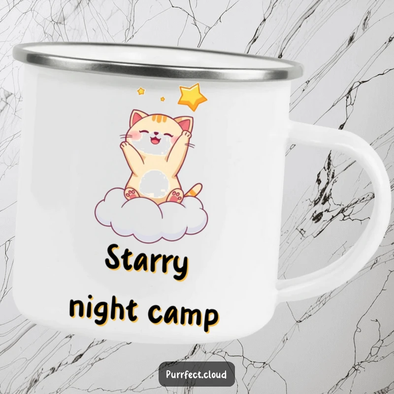 Funny playful cat star camping mug with a cat batting at a star on a cloud, perfect for outdoor adventures and celestial fans.