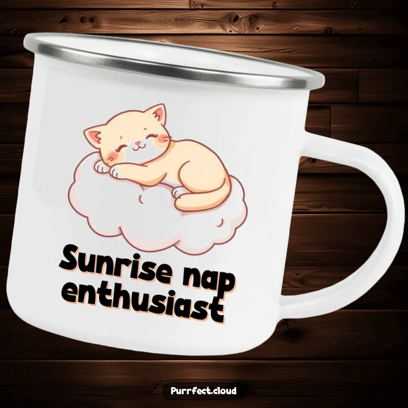 Funny cat stretching lazily on a soft cotton cloud, on a durable camping mug for outdoor use.