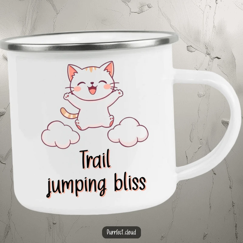 Funny camping mug with a happy cat leaping between clouds, perfect for enjoying beverages during active outdoor adventures.