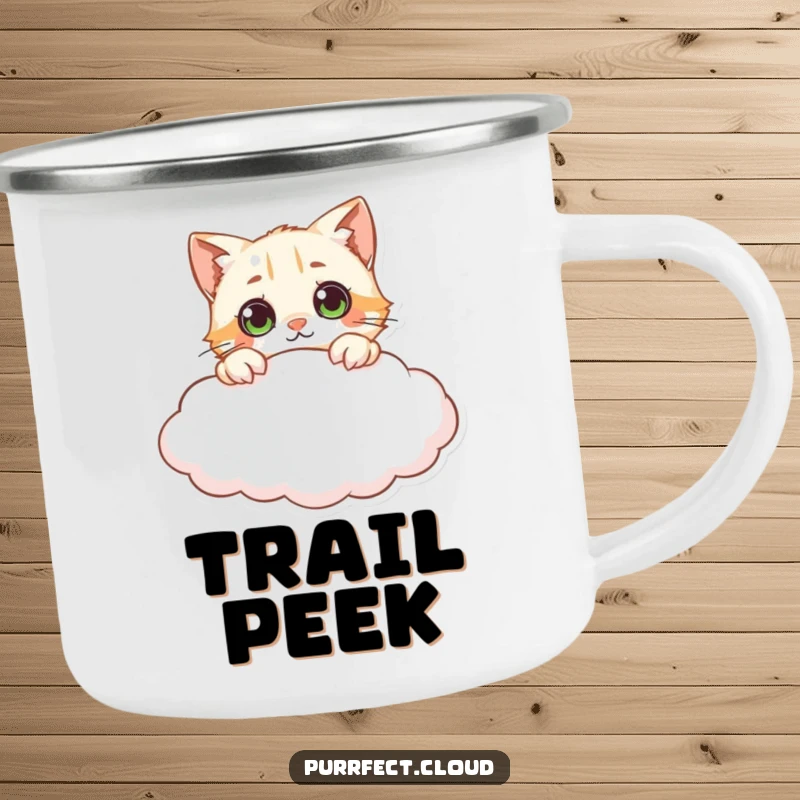 Funny curious cat cloud camping mug, depicting a cat peeking over a cloud with wide eyes, ideal for hot beverages during outdoor explorations, a humorous gift.