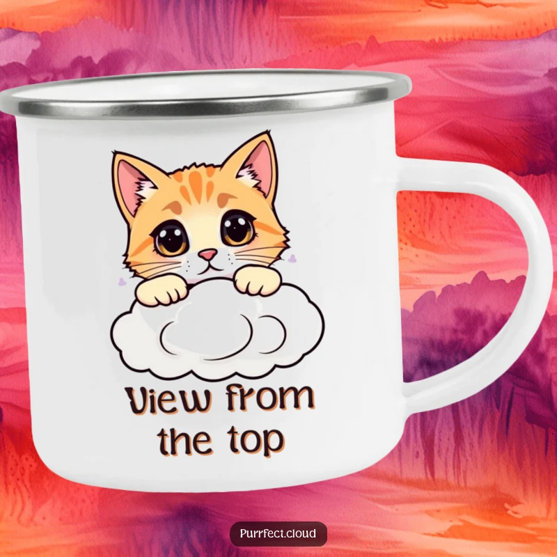 Funny camping mug featuring a curious cat peeking over a cloud edge, perfect for outdoor enthusiasts and coffee lovers.