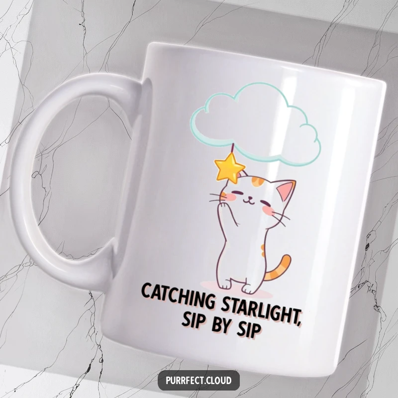 Funny Playful Cat Mug showing a mischievous cat batting at a dangling star from a cloud, full of energy and fun.