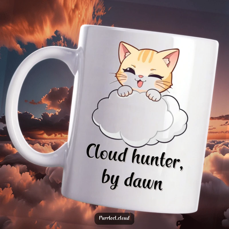 Funny cat mug featuring a mischievous cat pouncing with glee onto a fluffy white cloud, ready for adventure.