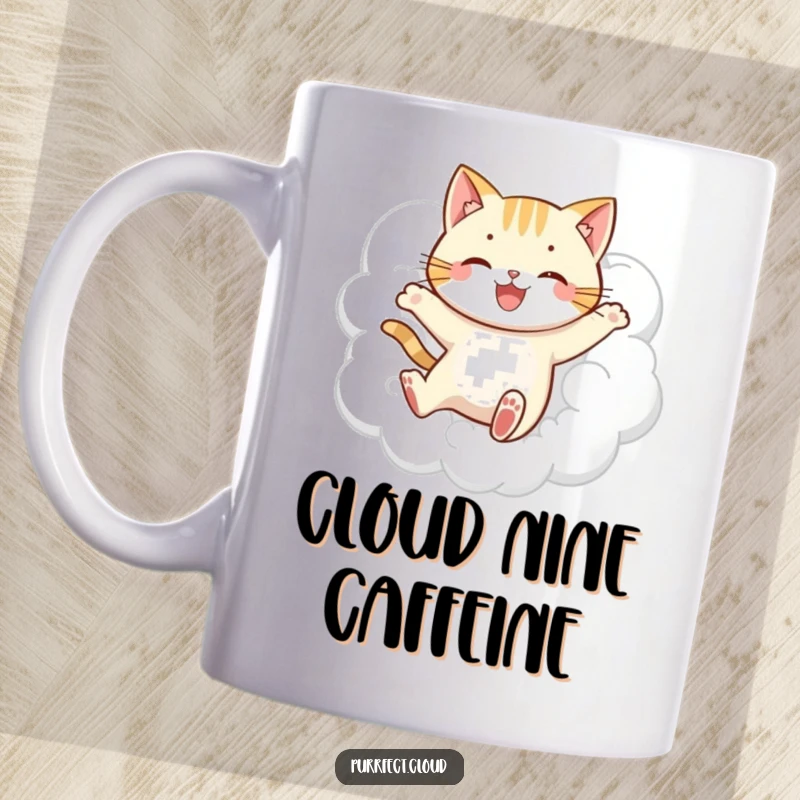 Funny jumping cat cloud mug, showing a playful cat leaping joyfully through soft white clouds, a whimsical and happy scene.