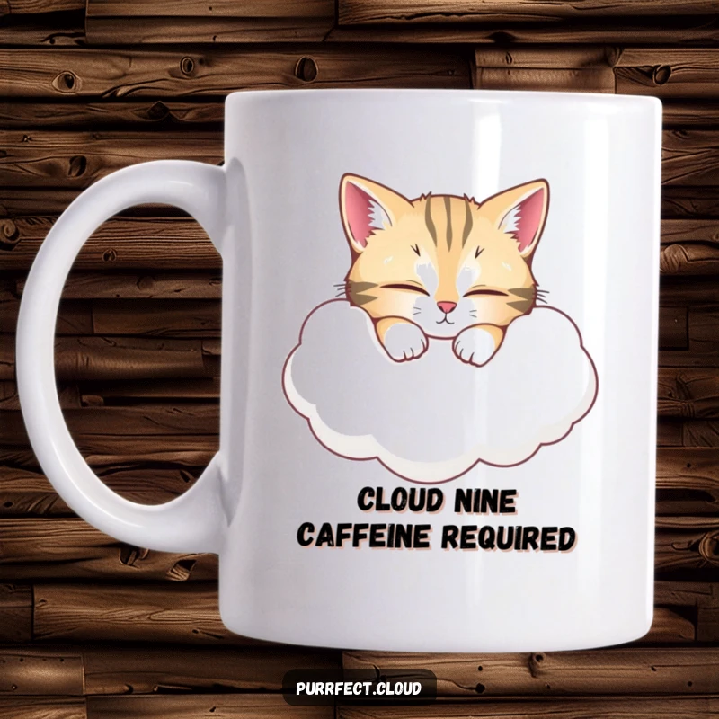 Funny Cat Mug: Wide-eyed cat peacefully dreaming on a soft, white cloud, conveying ultimate relaxation and adorable fun. A perfect gift.