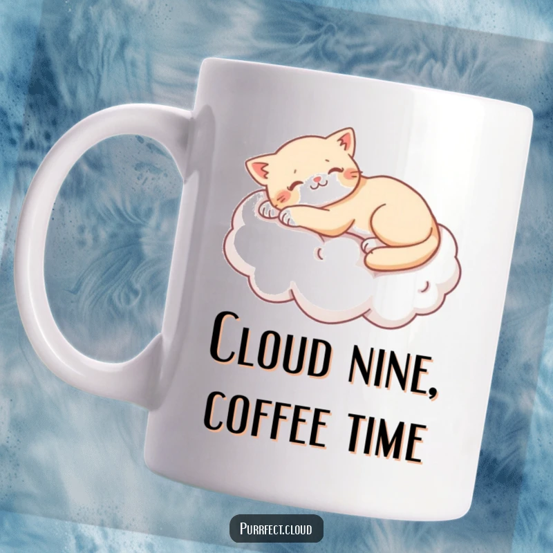 Funny cat stretching lazily on a soft cotton cloud, embodying peace and humor in this mug design.