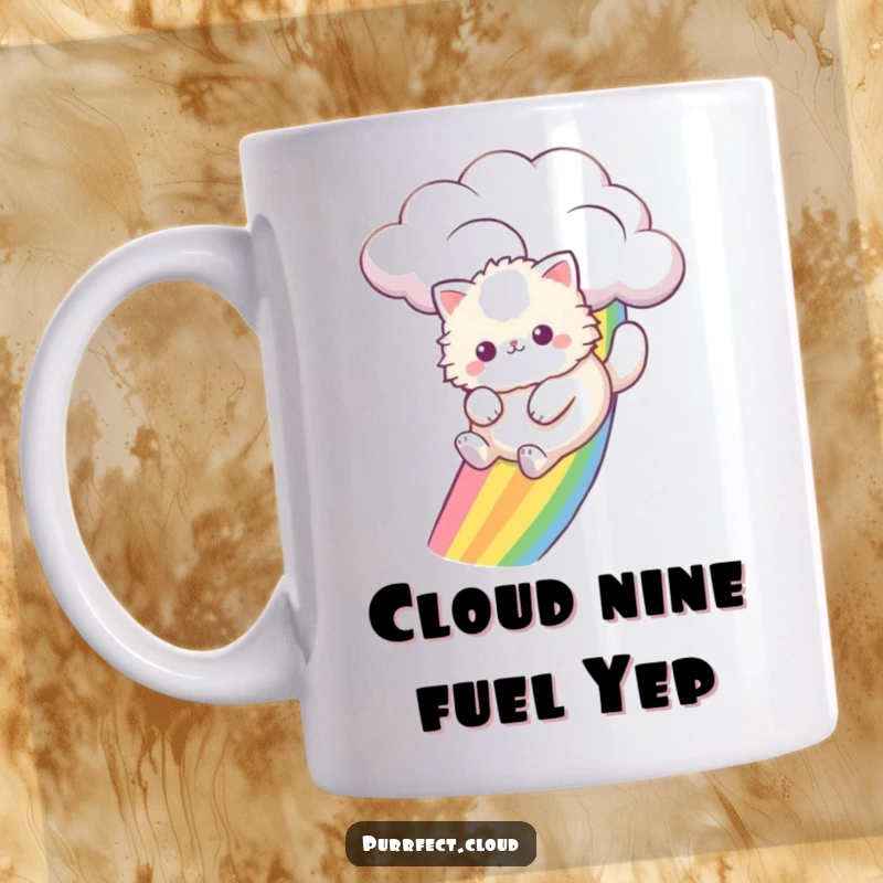 Funny cat sliding down a vibrant rainbow from a fluffy cloud, expressing pure joy and adventure on this mug.