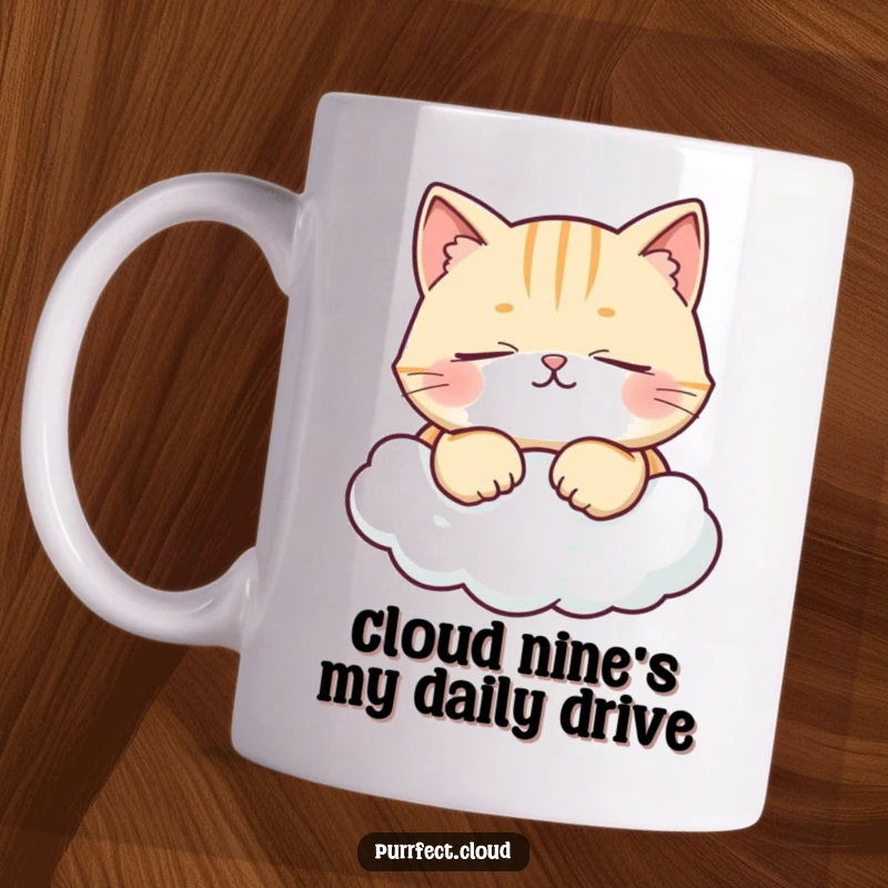 Funny cat mug with eyes closed, purring blissfully while resting on a fluffy cloud, radiating peace and contentment.
