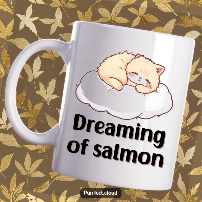 Funny Sleepy Cat Mug, a fluffy cat napping peacefully on a soft white cloud, serene and cute design, perfect gift.