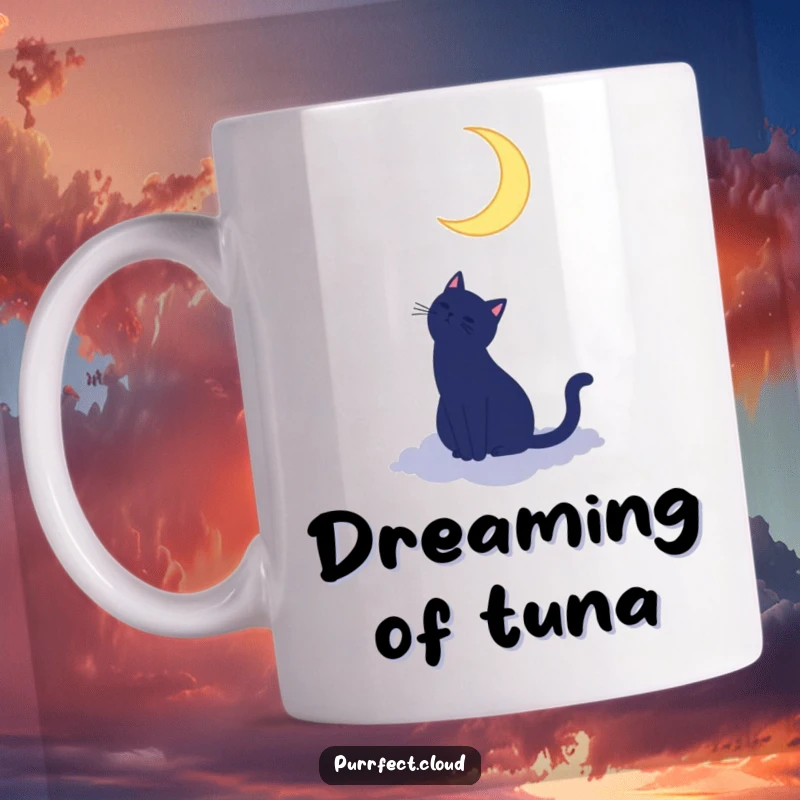 Funny cat silhouette mug showing a cat on a cloud looking up at a crescent moon, evoking a peaceful and magical night.