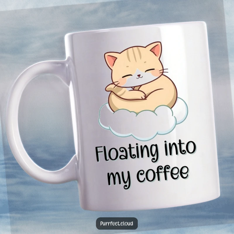 Funny mug featuring a peacefully curled-up cat being gently carried by a soft, floating cloud, radiating calm and serene bliss.