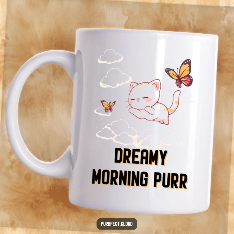 Funny Mug: A playful cat chasing a butterfly amidst soft, dreamy clouds, capturing a moment of pure, whimsical joy.