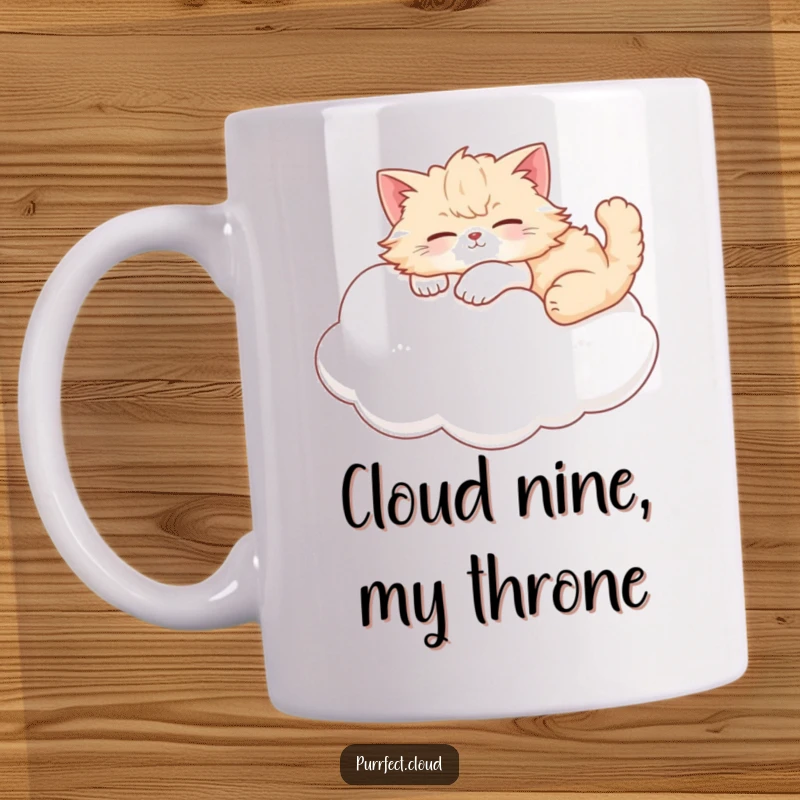 Funny cat mug featuring a fluffy cat blissfully lounging on a soft, white cloud, embodying pure relaxation.