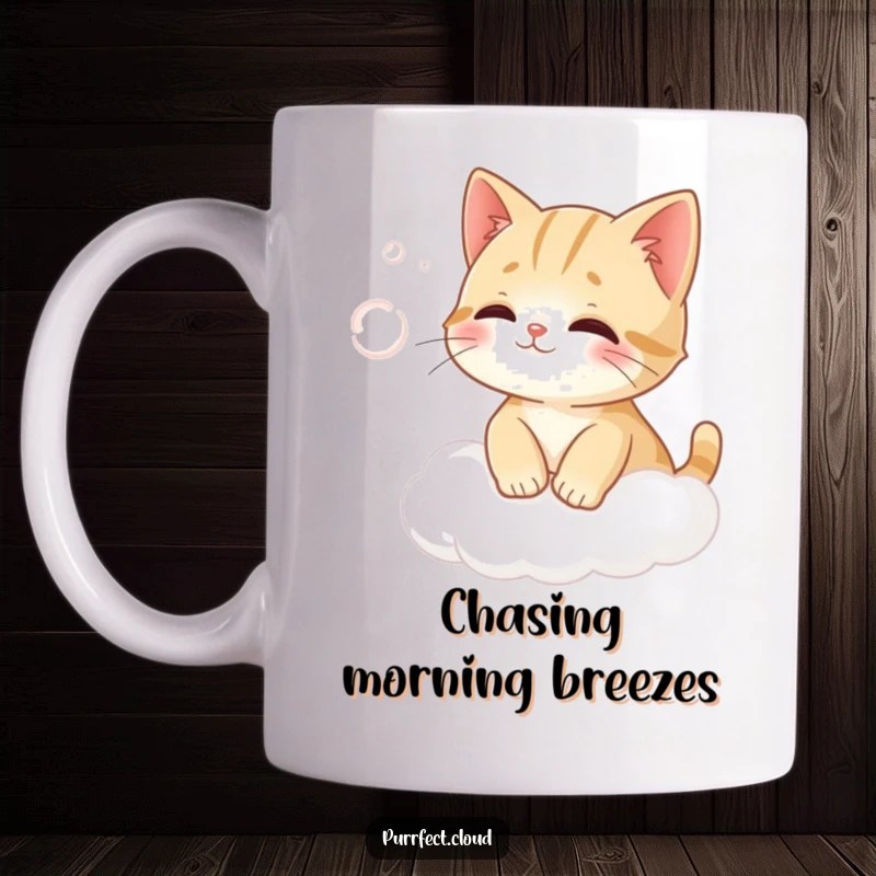 Funny cat comically attempting to catch a gentle breeze while perched on a fluffy cloud in a mug design.