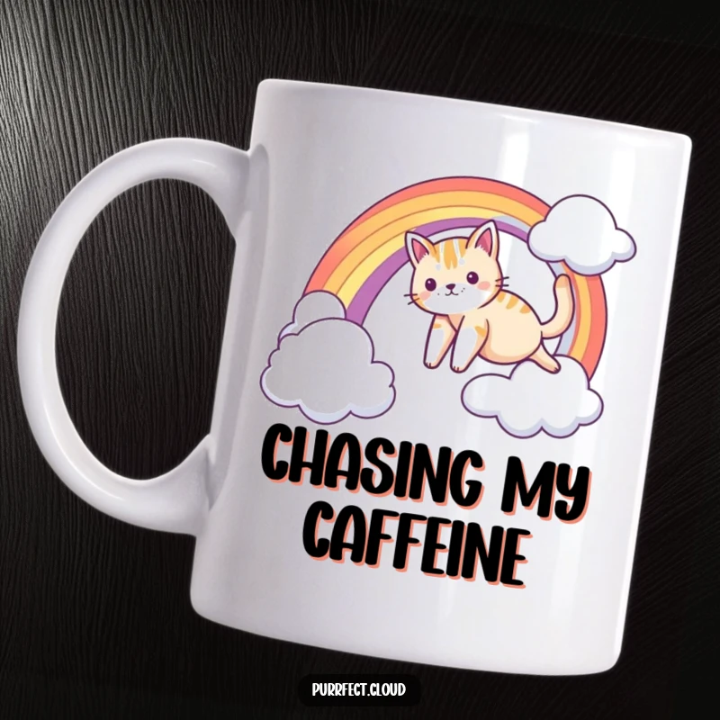 Funny mug featuring a cat sliding down a rainbow arc from one cloud to another, embodying playful adventure.