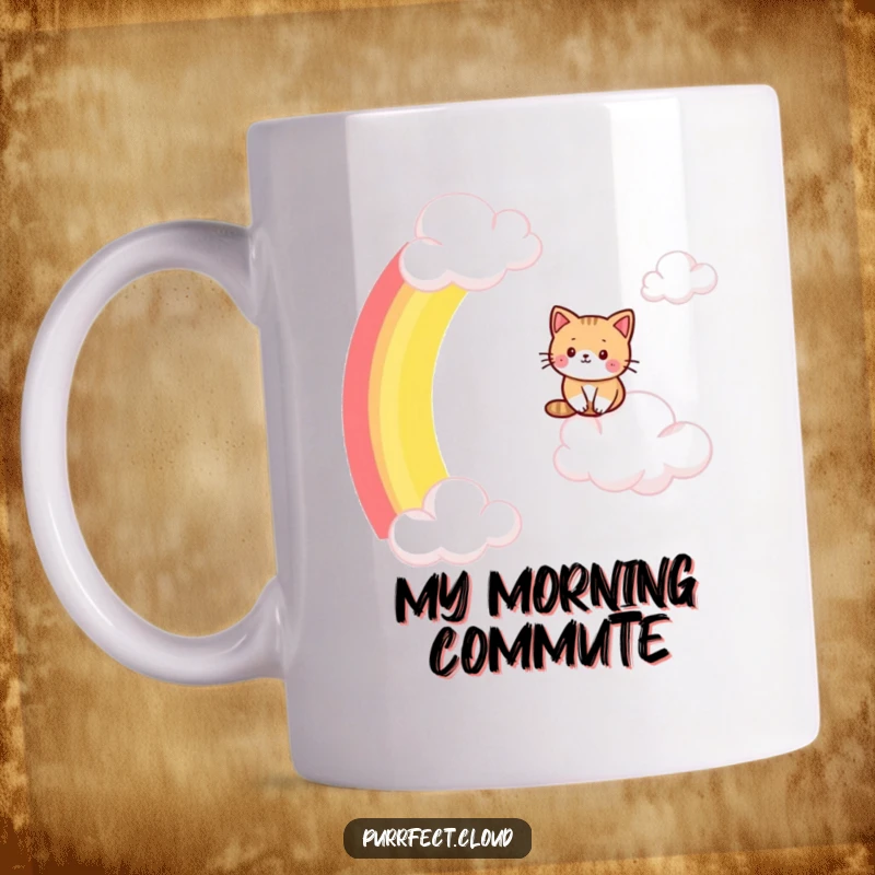 Funny cat mug, a whimsical feline joyfully sliding down a vibrant rainbow arc between clouds, pure enchantment.