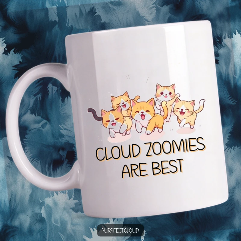 Funny Cat Mug: Playful cats chase each other across a dreamy, cloudy sky, embodying pure joy and mischief, a hilarious addition to any kitchen.