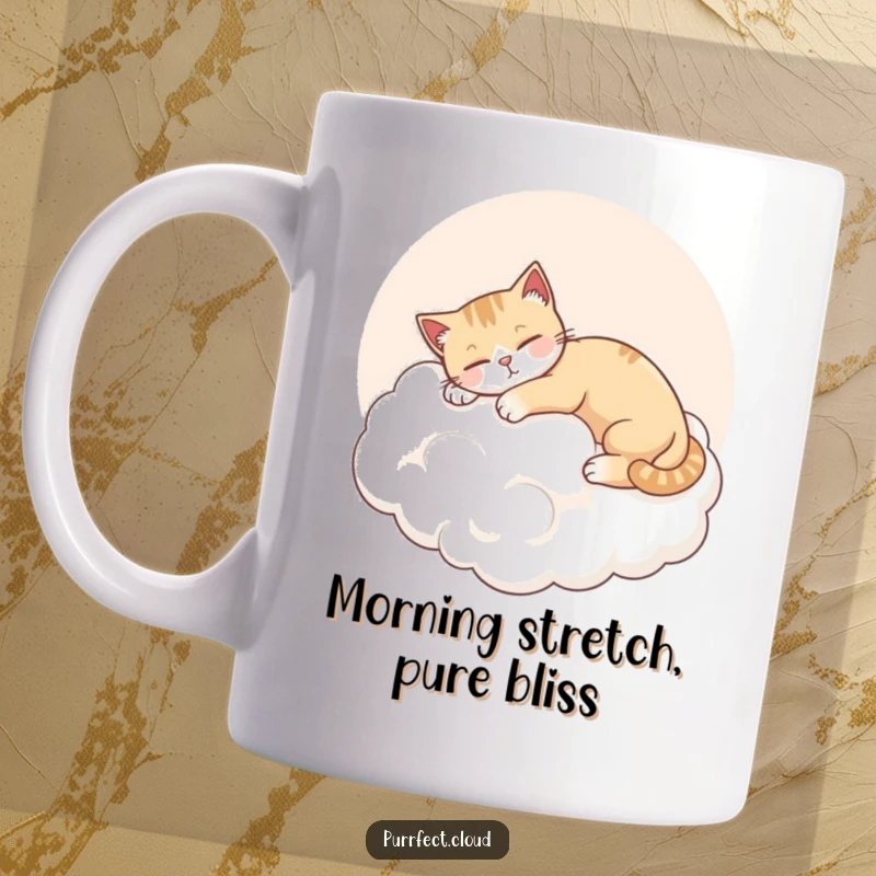 Funny Contented Cat Mug, a cat stretches on a pink cloud, relaxed and happy, cute and cozy design, great gift.