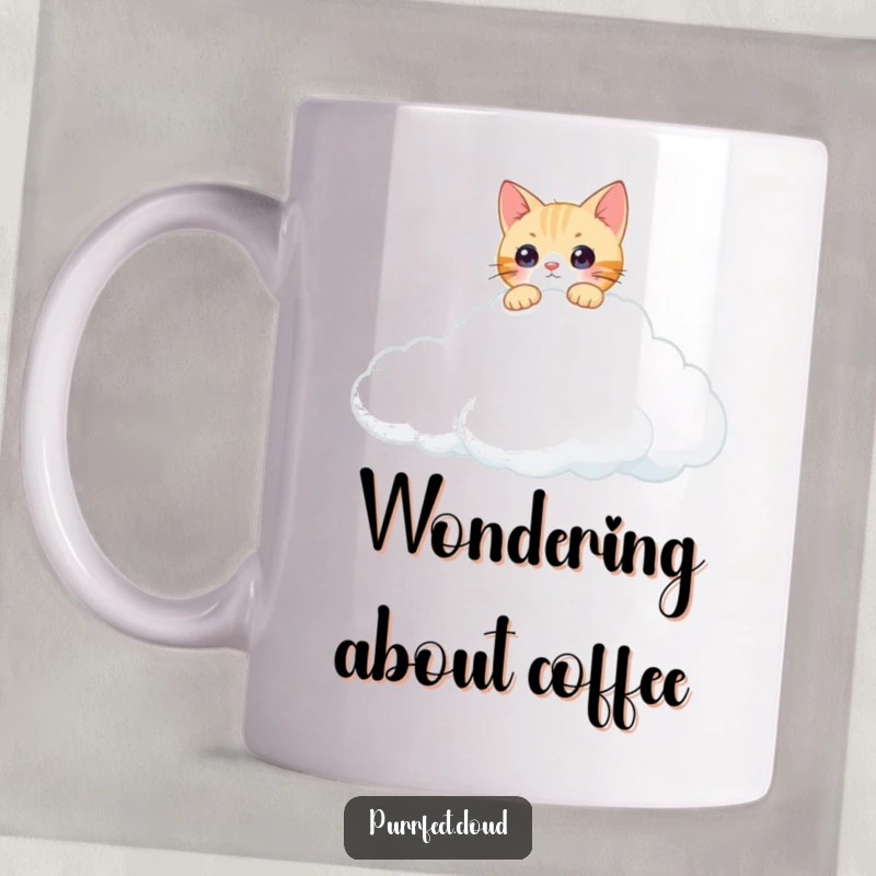Funny curious cat cloud mug with a cat peering over the edge of a cumulus cloud, ideal for inquisitive minds and cat fans.