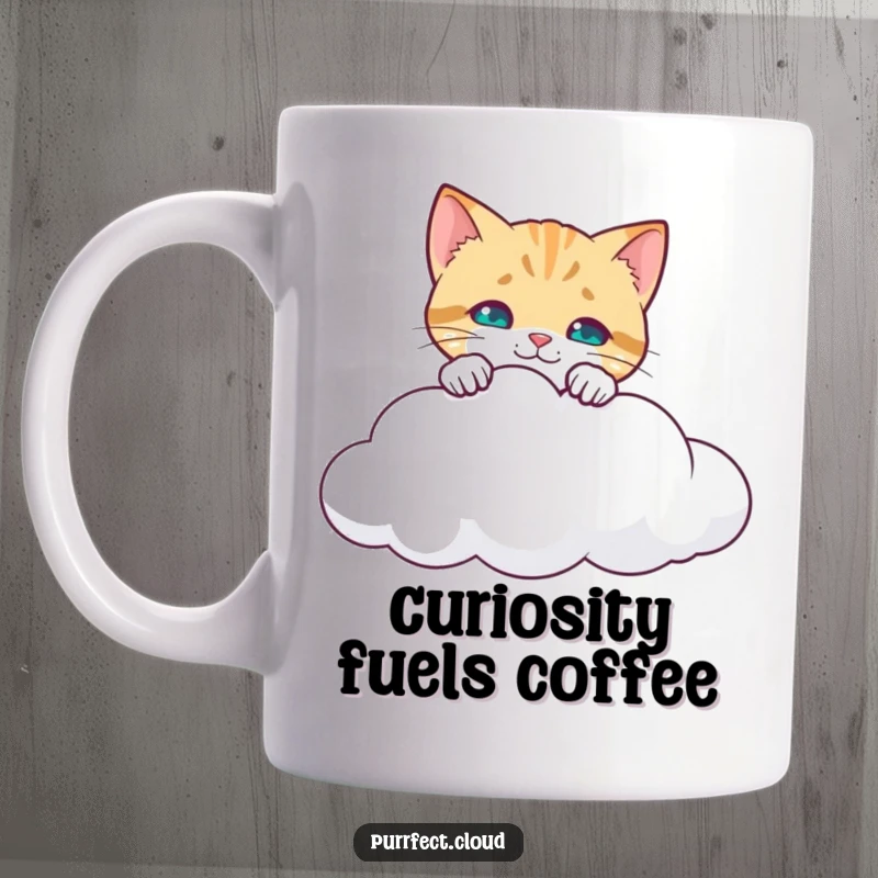 Funny Curious Cat Mug: A cat with wide eyes peeking over a cloud's edge, looking down inquisitively, conveying playful curiosity. A great funny gift.