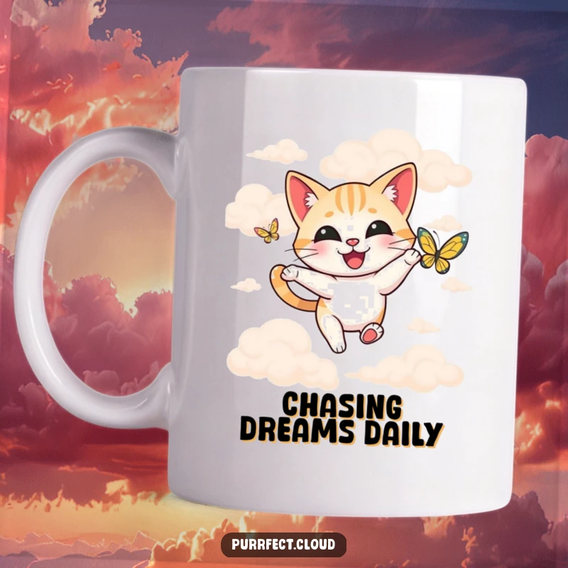 Funny happy cat chasing a butterfly amongst soft, billowy clouds, bringing joy to this mug.