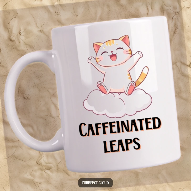 Funny Cat Mug, a joyful feline mid-leap, jumping energetically from one fluffy cloud to another, symbolizing freedom and fun.