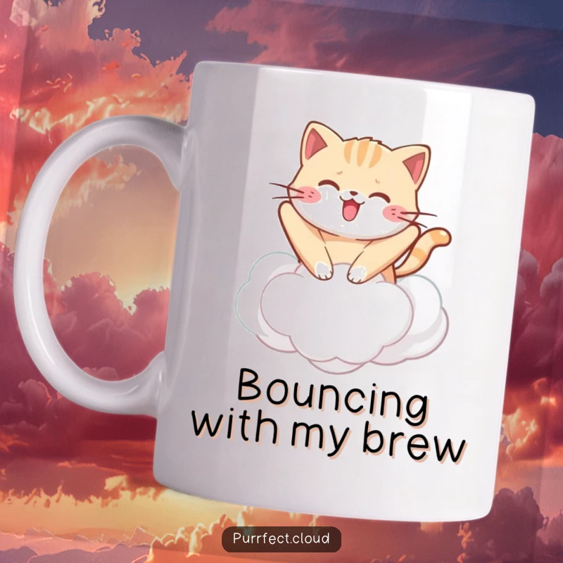 Funny kawaii cat mug showing a cute cat happily bouncing on a fluffy white cloud, adorable and cheerful.