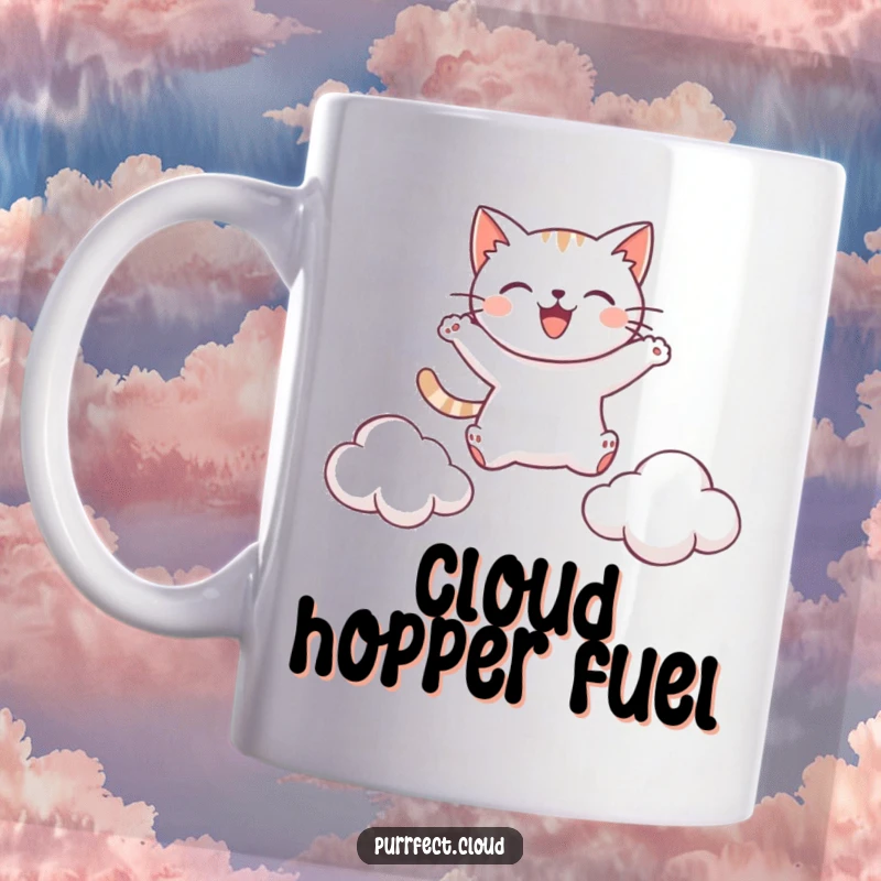 Funny mug featuring a happy cat leaping joyfully between two soft, fluffy clouds, embodying freedom and playful energy.
