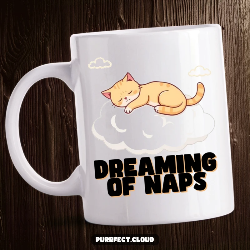 Funny napping cloud cat mug, a serene cat peacefully asleep on a soft, billowy cumulus cloud.